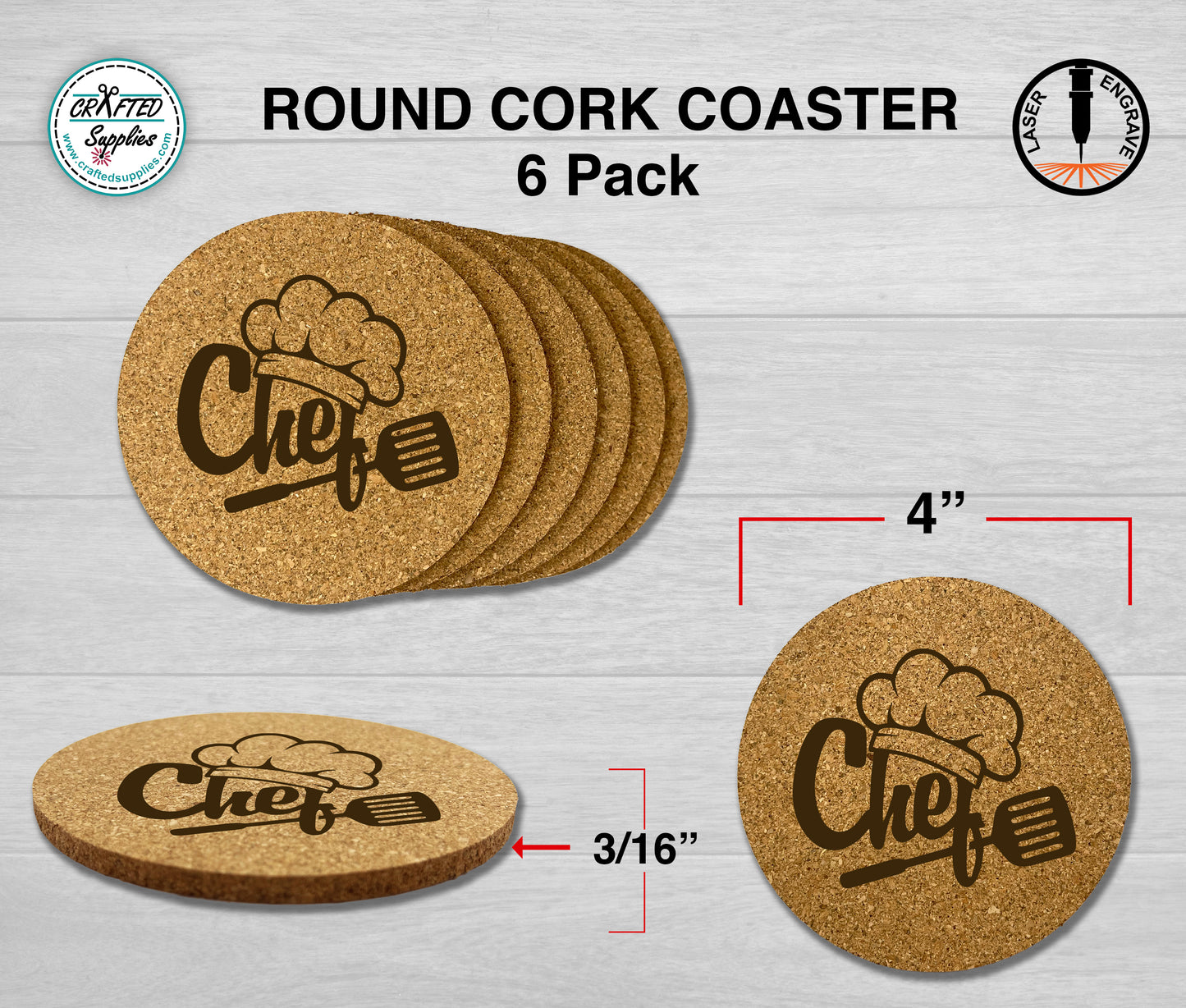 Round Cork Coasters, Laser Engravable
