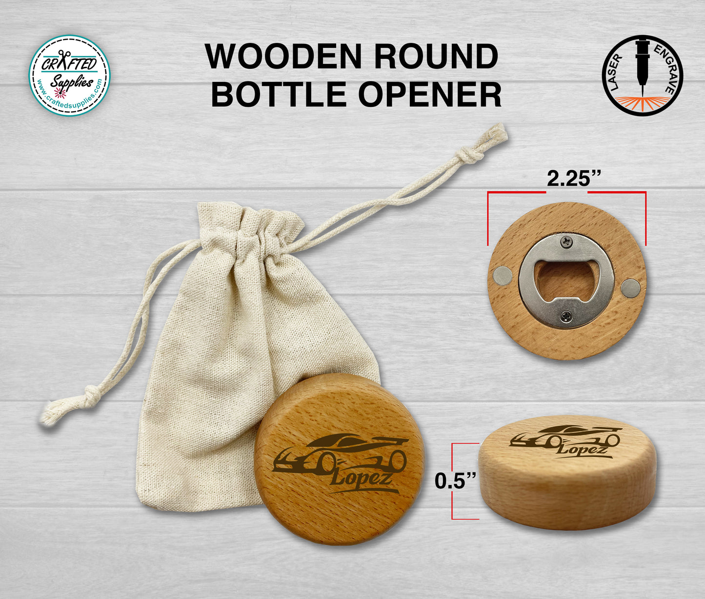 Wooden Bottle Opener, Fridge Magnet, Laser Engravable