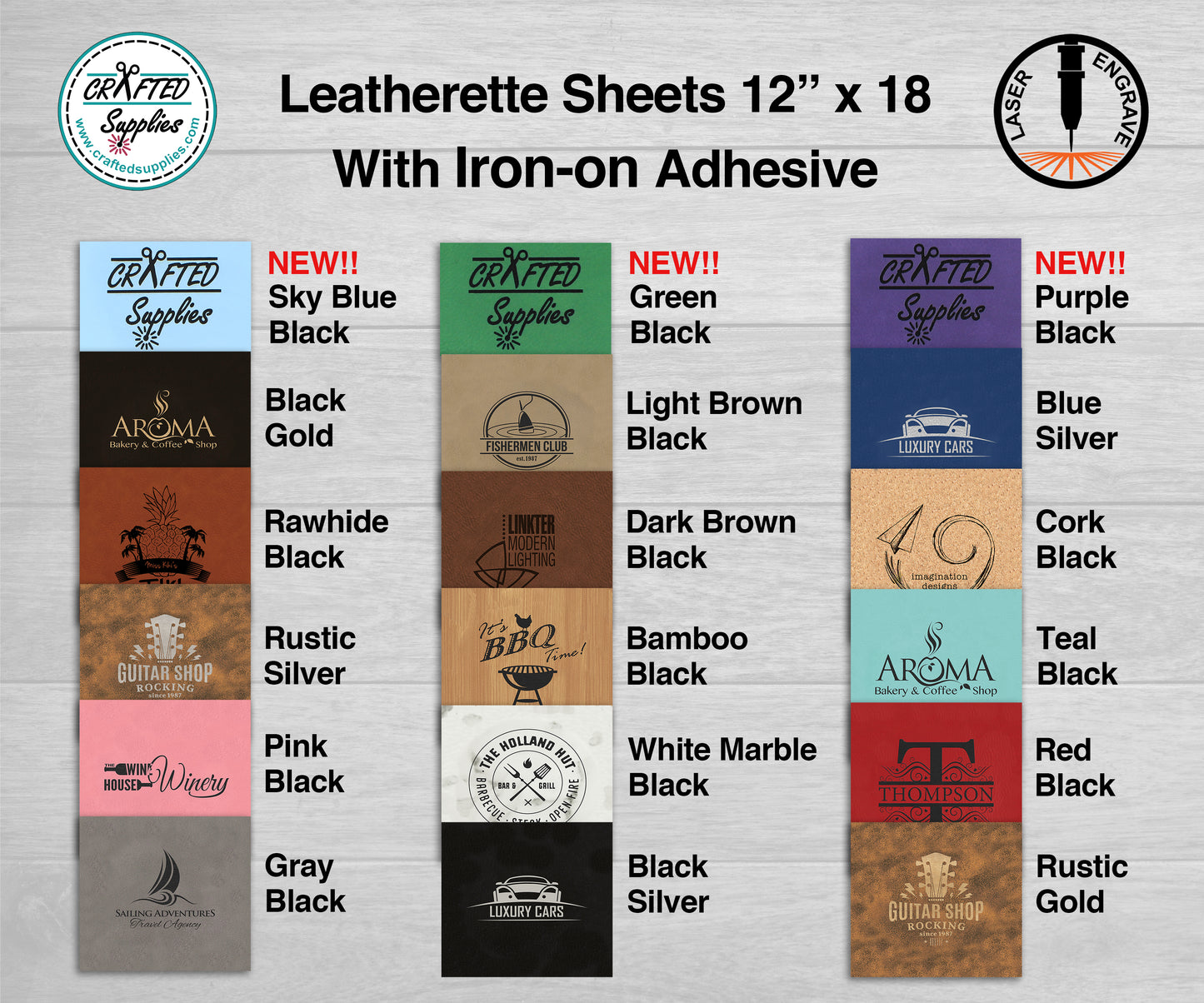  Premium Eco-Friendly Laserable Leatherette Sheets: 12 x 18  with Heat Transfer Adhesive & 12 x 24 Non-Adhesive - Perfect for  Precision Engraving on Glowforge & Any CO2 or Diode Lasers 