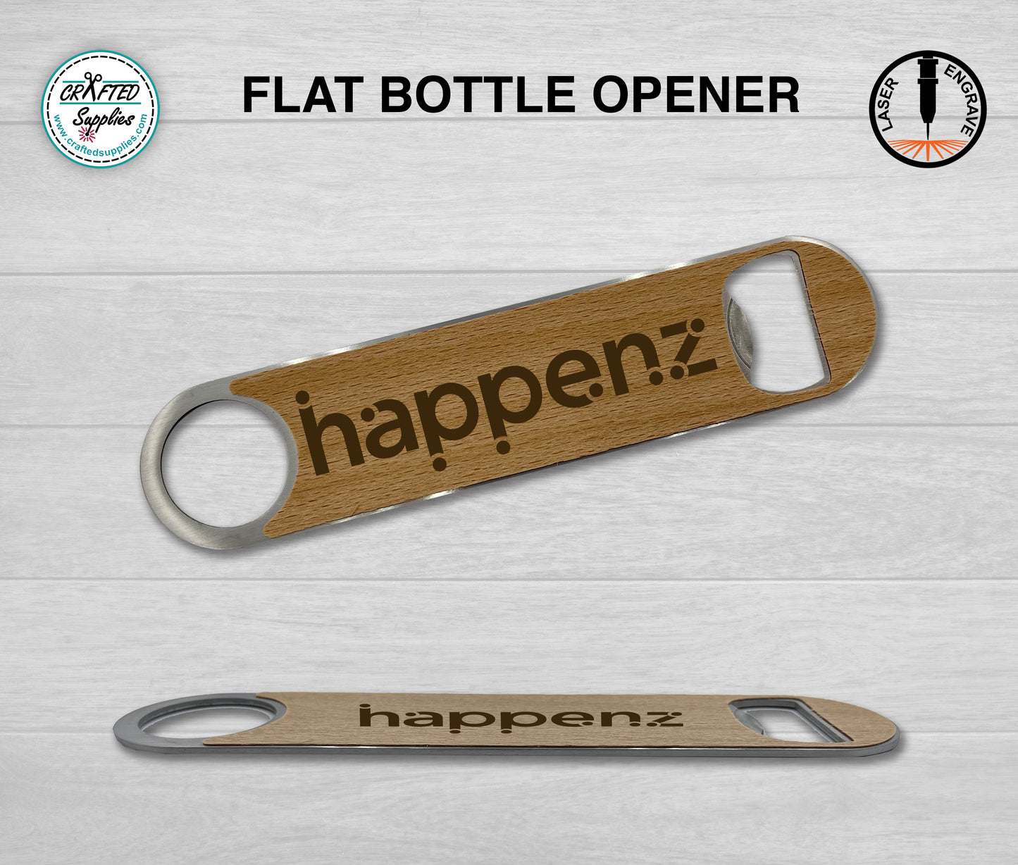Flat bottle opener with wood veneer for laser engraving
