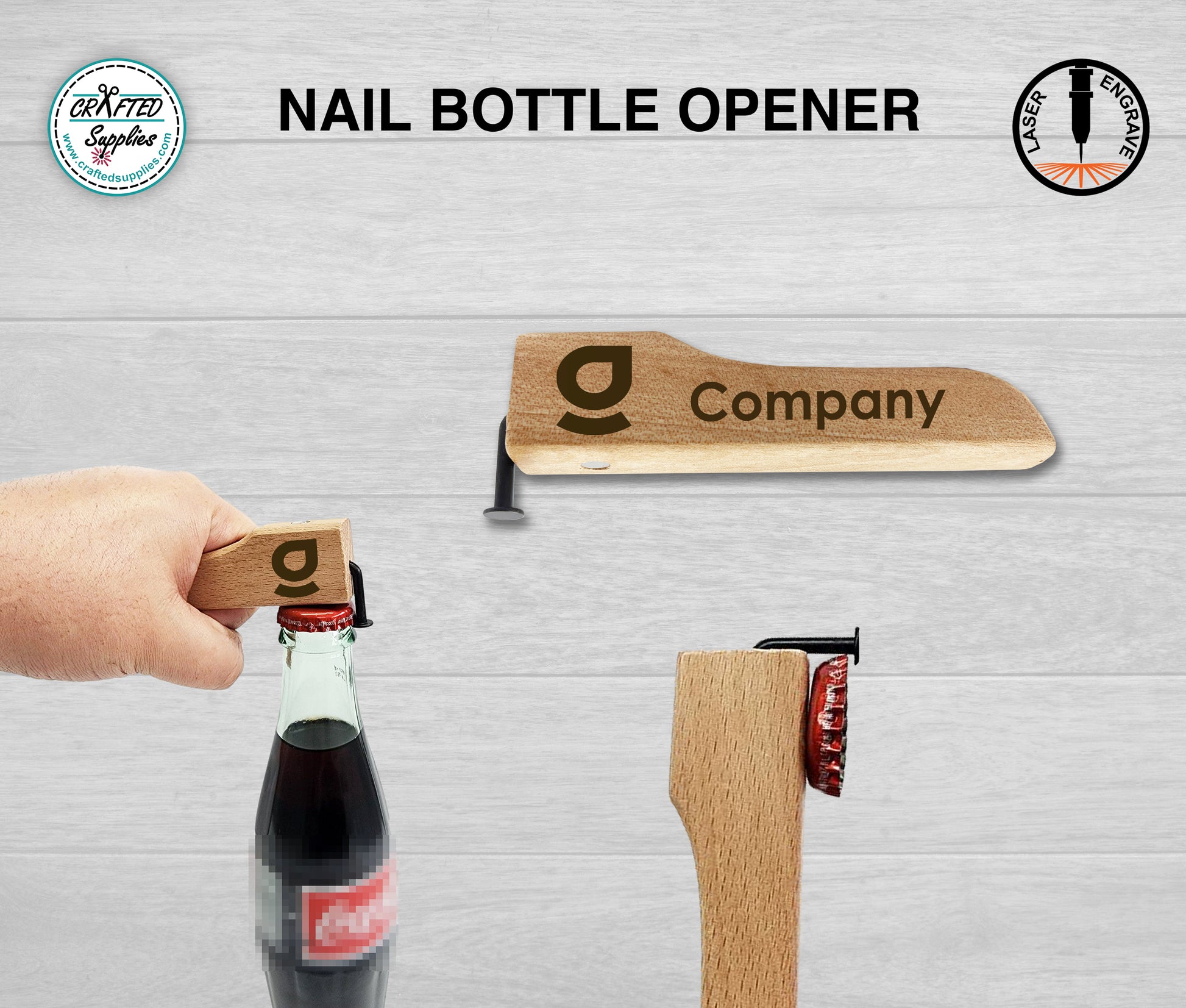 rustic nail botle opener with wood handle for laser engraving