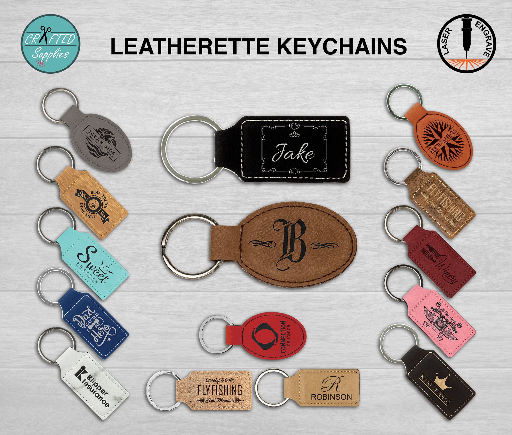 CraftedSupplies Leatherette Keychain, Glowforge Laser Supplies Dark Brown/ Black / Rectangular