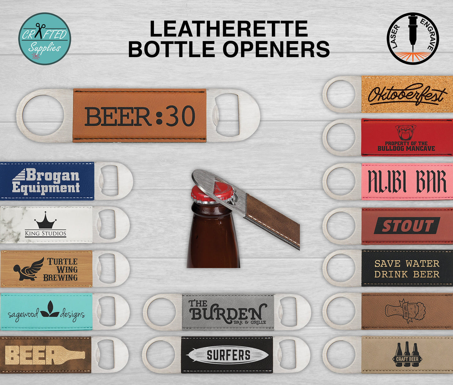 Leatherette flat bottle opener for laser engraving